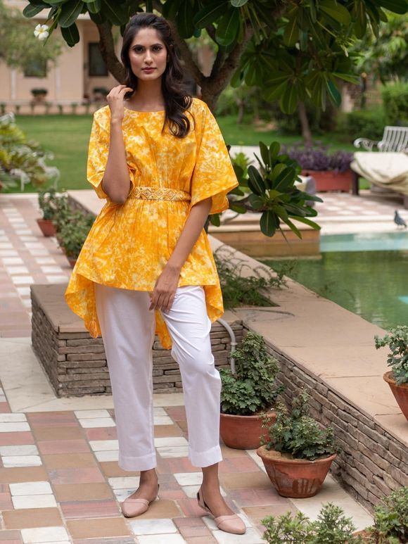 Yellow Tie and Dye Cotton High Low Kaftan with Embroidered Belt and White Pants- Set of 2