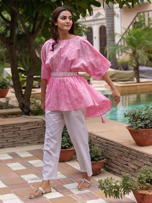 Pink Tie and Dye Cotton High Low Kaftan with Embroidered Belt and White Pants- Set of 2