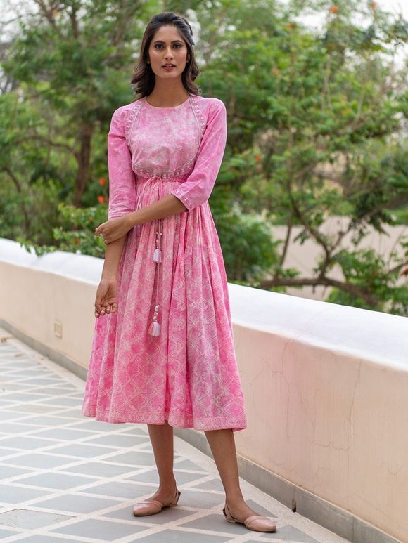 Pink Tie and Dye Cotton Hand Block Printed Anarkali Dress