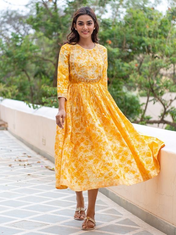 Yellow Tie and Dye Cotton Hand Block Printed Anarkali Dress