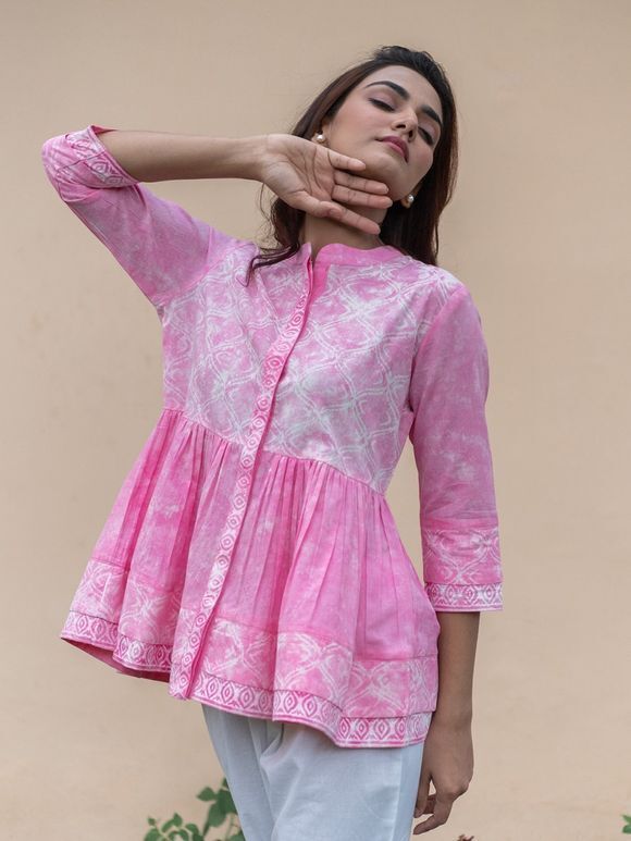 Pink Tie and Dye Cotton Hand Block Printed Shirt