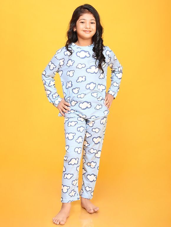 Sky Blue Printed Cotton Nightsuit - Set of 2