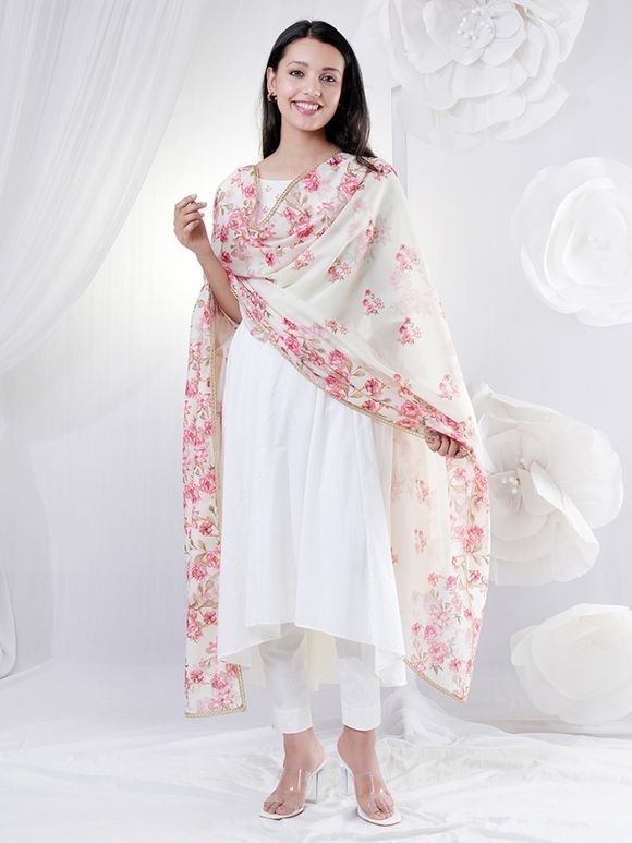 Off White Pink Printed Cotton High Low Kurta with Lycra Pants and Chanderi Dupatta- Set of 3