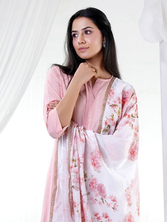 Peach Cotton Lurex Pleated Suit with White Printed Chanderi Dupatta- Set of 3
