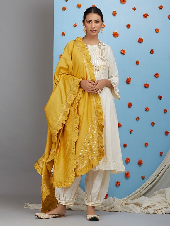 Buy Mustard Yellow Cotton Silk Asymmetric Kurta with Palazzo and Off