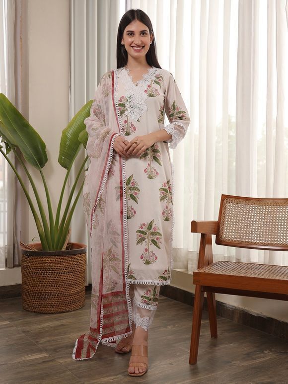 Pink Green Hand Block Printed Cotton Suit- Set of 3