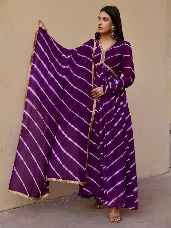 Purple Tie and Dye Georgette Lehariya Anarkali Kurta with Cotton Pants and Dupatta - Set of 3
