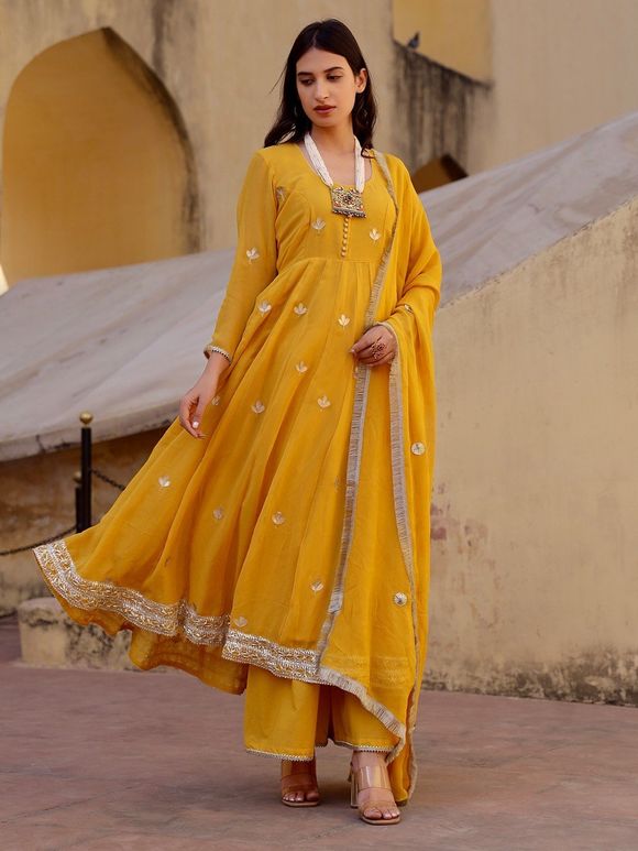 Yellow Gota Lace Cotton Anarkali Suit with Georgette Dupatta - Set of 3