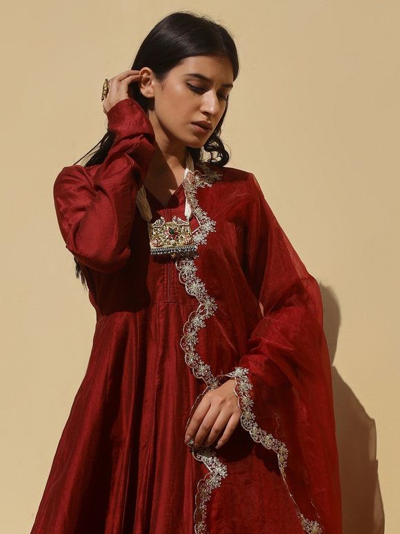 Maroon Aari Hand Embroidered Chanderi Anarkali Suit with Organza Dupatta - Set of 3