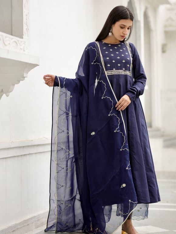 Blue Embroidered Cotton Suit with Organza Silk Dupatta- Set of 3