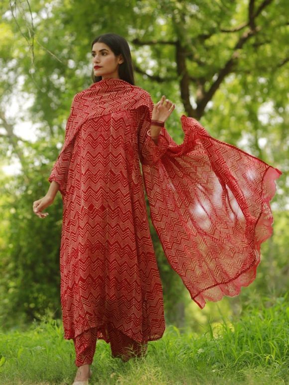 Red Hand Block Printed Georgette Suit with Embroidered Dupatta- Set of 3
