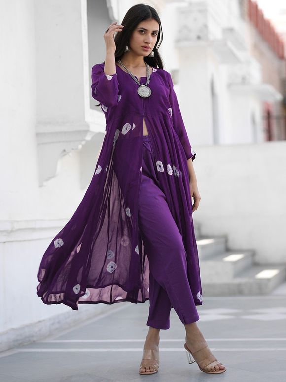 Purple Tie and Dye Bandhani Georgette Anarkali Kurta with Cotton Pants- Set of 2