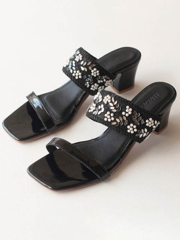 Black Embroidered Faux Leather Block Heels