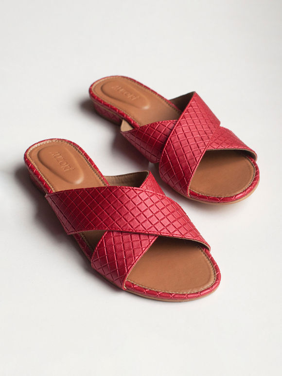 Red Handcrafted Faux Leather Slip Ons