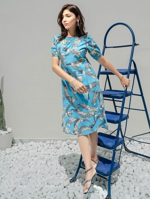 Blue Grey Printed Organic Cotton Dress