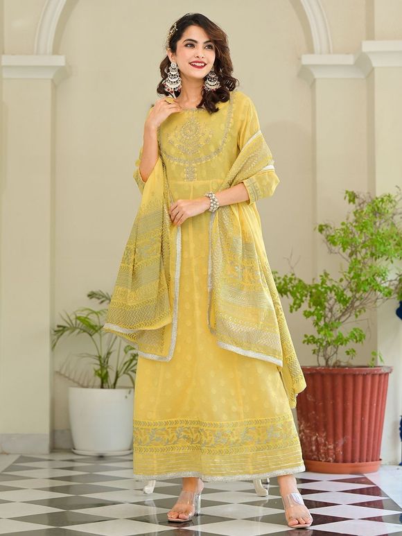 Yellow Zari Embroidered Cotton Dobby Anarkali Suit with Printed Dupatta- Set of 3