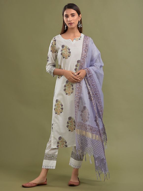 Buy White Floral Printed Cambric Cotton Suit with Pink Kota Doria ...