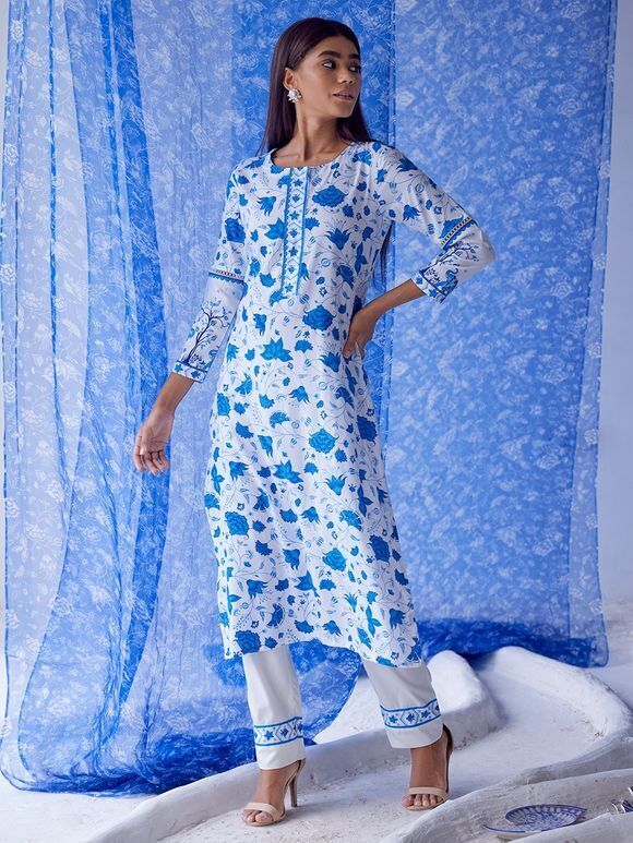 White Blue Printed Cotton Modal Suit with Chiffon Dupatta- Set of 3