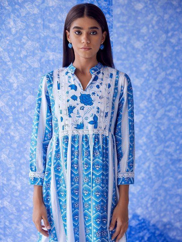 White Blue Printed Cotton Modal Dress