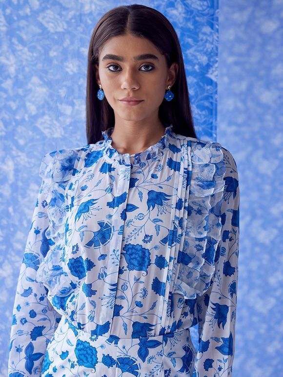 White Blue Printed Cotton Georgette Pleated Shirt