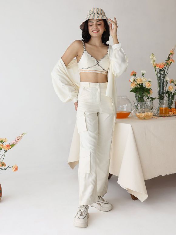 Off White Rayon Co-ord Set- Set of 3