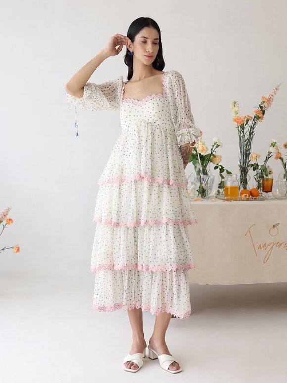 Off White Polka Dot Printed Chiffon Embroidered Dress