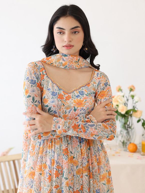 Orange Hand Embroidered Chiffon Printed Suit- Set of 3