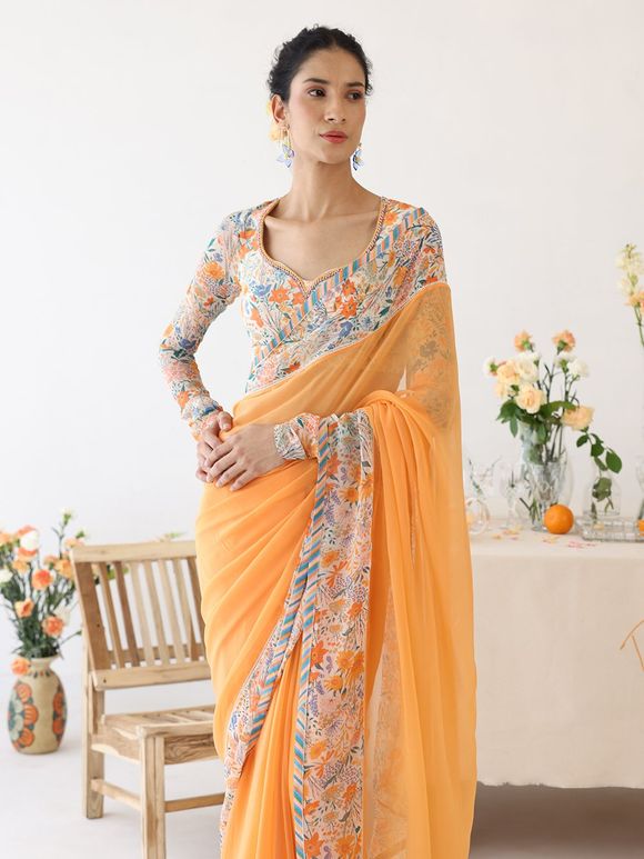 Orange Printed Chiffon Saree with Blouse- Set of 2