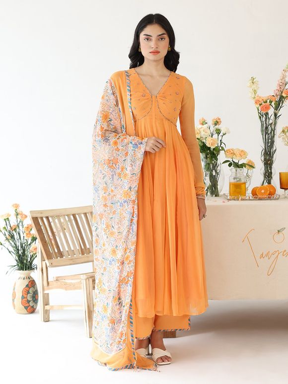 Orange Hand Embroidered Rayon Suit- Set of 3