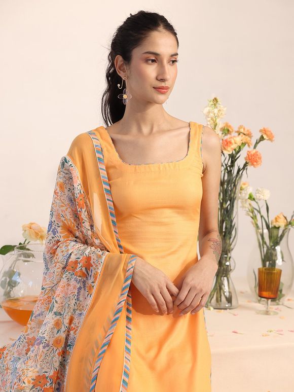 Orange Rayon Suit with Printed Dupatta- Set of 3