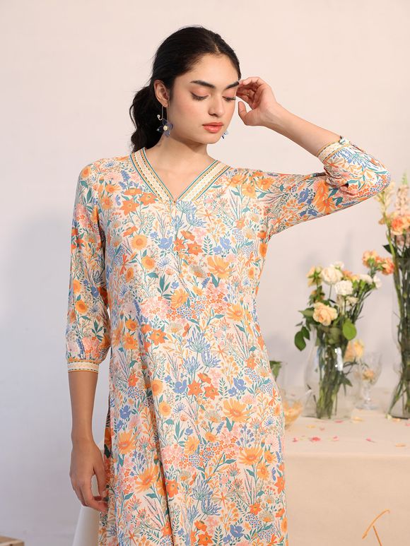 Orange Printed Rayon Embroidered Suit- Set of 3