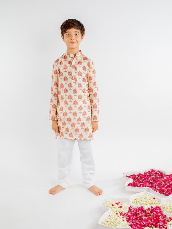 Beige Printed Muslin Kurta with White Cotton Pajama - Set of 2