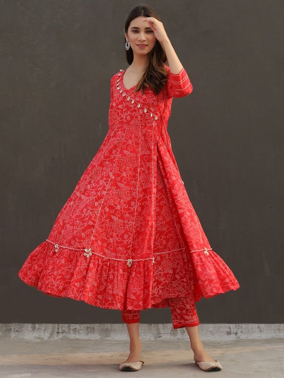 Buy Red Floral Printed Cotton Angrakha Anarkali Suit with Off White ...