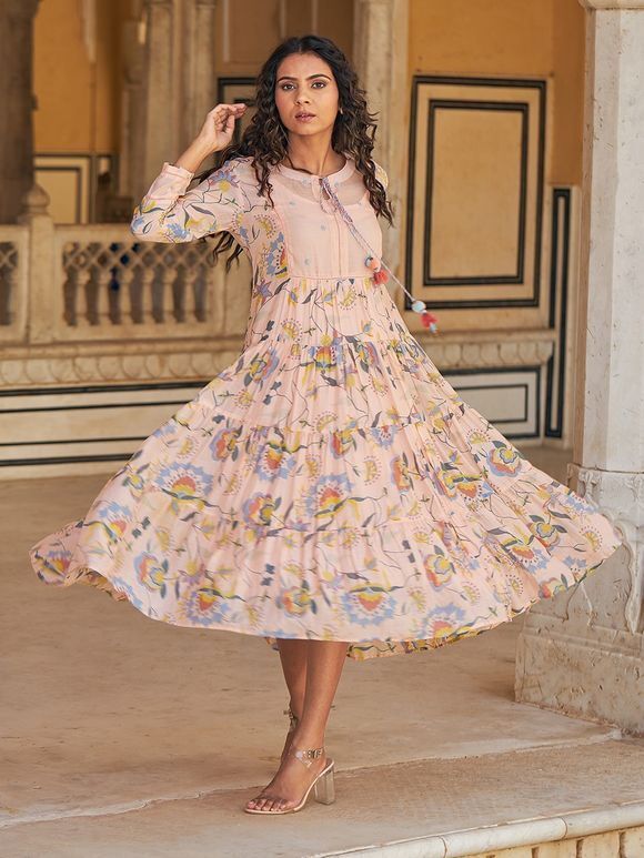 Buy Peach Printed Chiffon Tiered Dress | BGHR21/BG27SEP | The loom