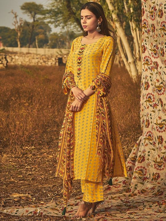 Yellow Printed Crepe Suit with Chiffon Dupatta - Set of 3