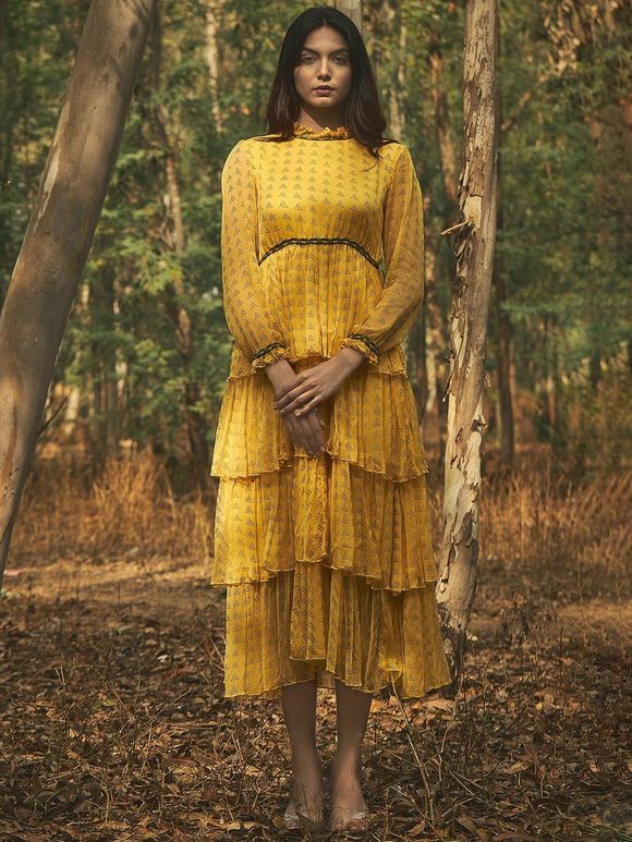 Yellow Printed Chiffon Dress