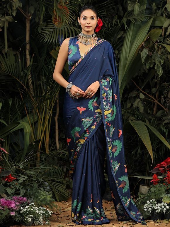 Blue Printed Modal Satin Saree with Blouse Piece