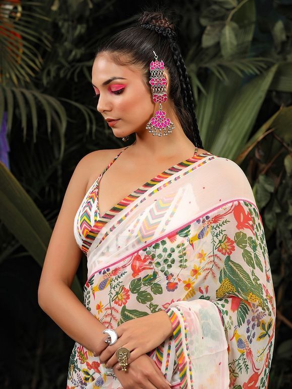 Multicolor Printed Chiffon Saree with Modal Satin Blouse Piece