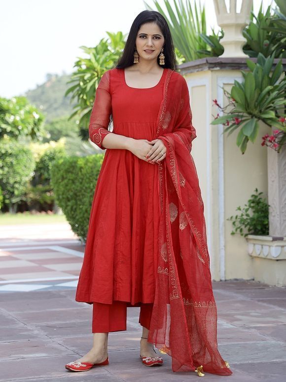 Red Hand Block Printed Cotton Anarkali Suit with Kota Doria Dupatta- Set of 3