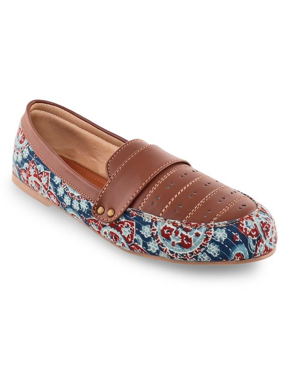 Brown Blue Ajrakh Hand Block Printed Cotton Loafers