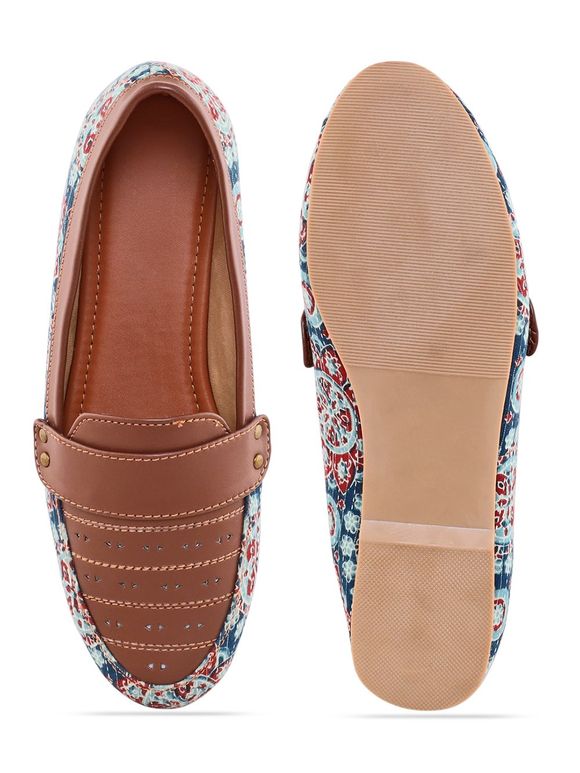 Brown Blue Ajrakh Hand Block Printed Cotton Loafers