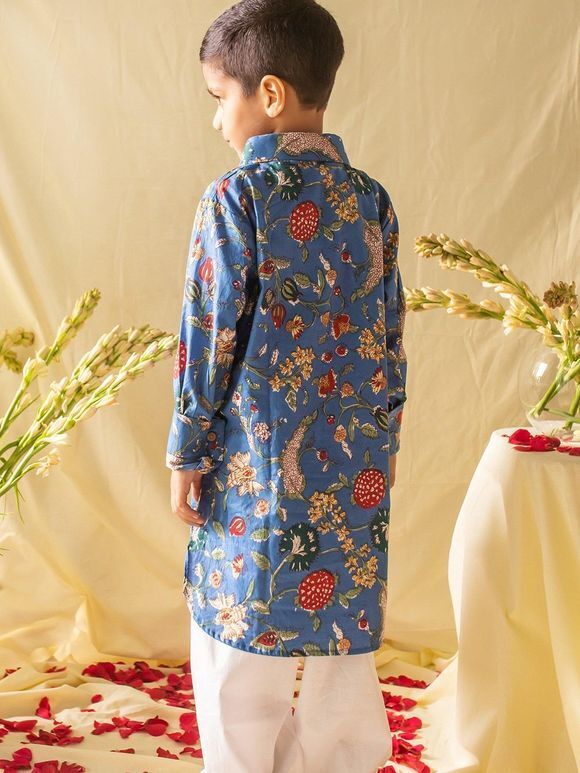 Blue Printed Cambric Cotton Kurta with Pajama - Set of 2