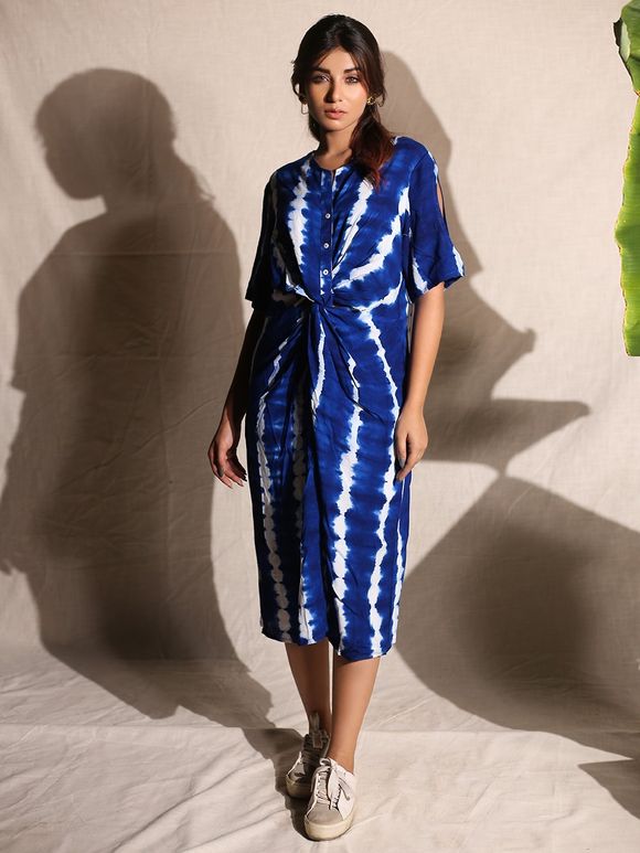 Navy Blue Tie and Dye Rayon Dress