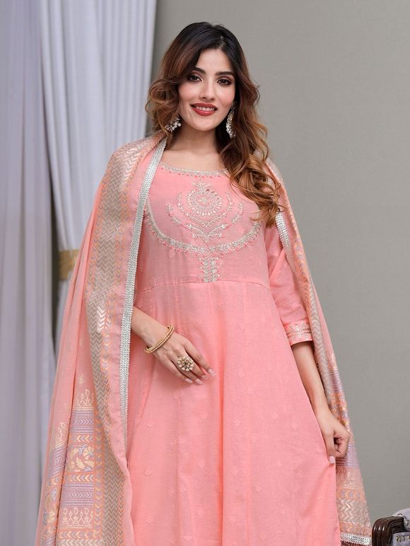 Peach Zari Embroidered Cotton Dobby Anarkali Suit with Printed Dupatta- Set of 3