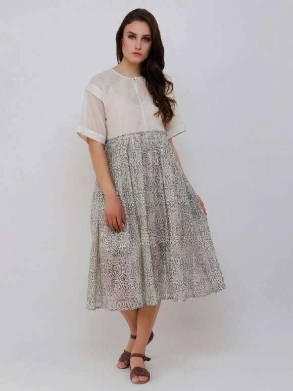 Buy Grey Hand Block Printed Cotton Maxi Dress online at Theloom