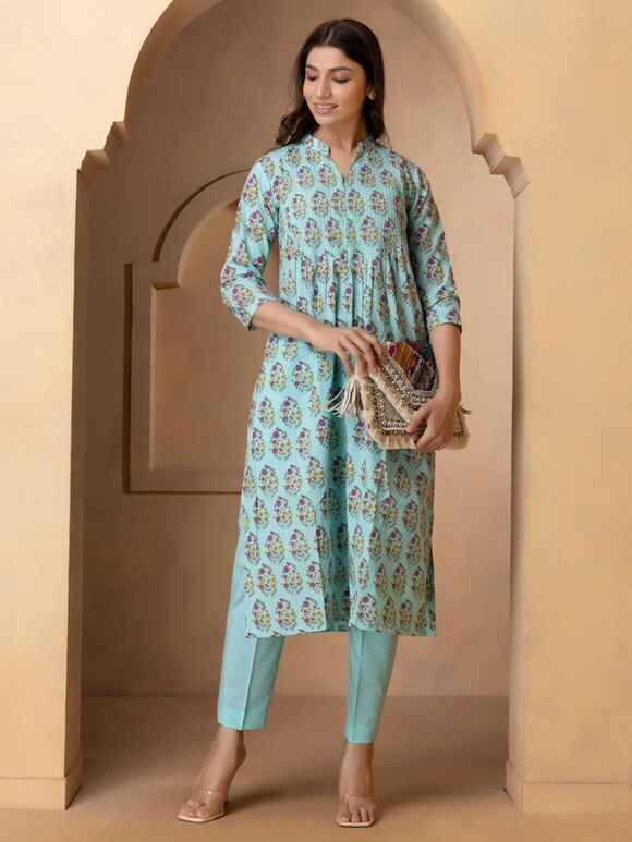 Turquoise Printed Cotton Kurta with Pants- Set of 2