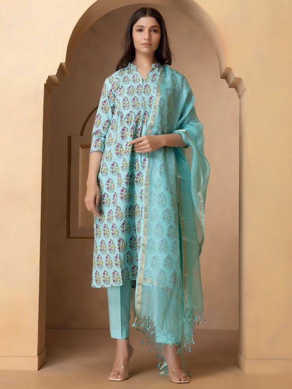 Turquoise Printed Cotton Suit with Kota Silk Dupatta- Set of 3