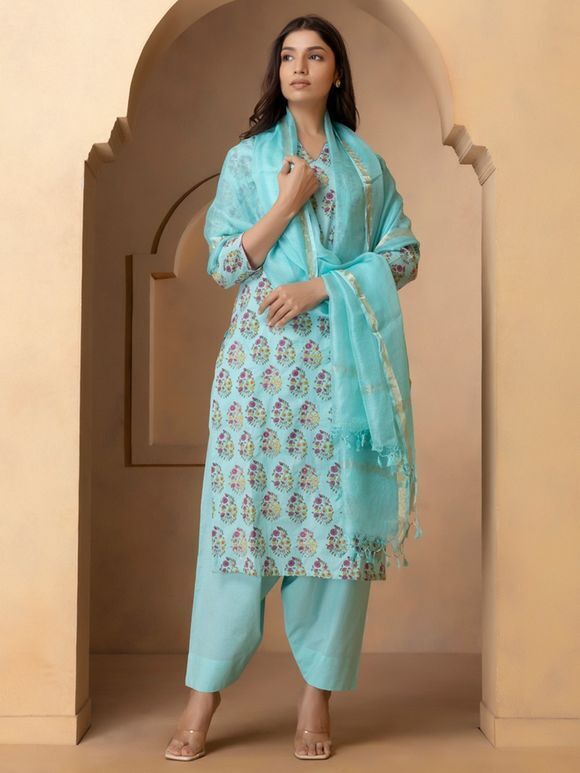Turquoise Printed Cotton Suit with Kota Silk Dupatta- Set of 3
