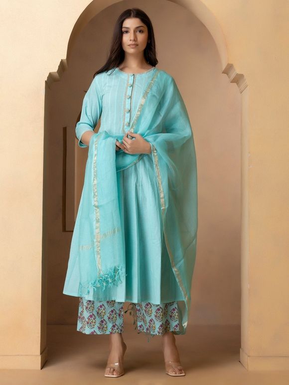 Turquoise Zari Embroidered Cotton Suit with Kota Silk Dupatta- Set of 3