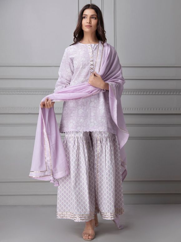 Lilac White Printed Cotton Suit with Mulmul Dupatta- Set of 3